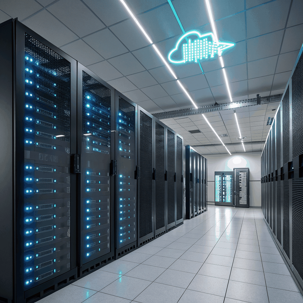Futuristic server room with cyan lighting